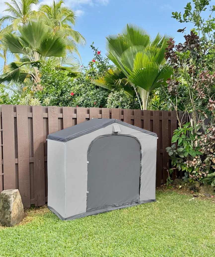Elegant TownHouse StorageHouse designed for efficient outdoor storage with integrated stakes and high-wind tie-downs
